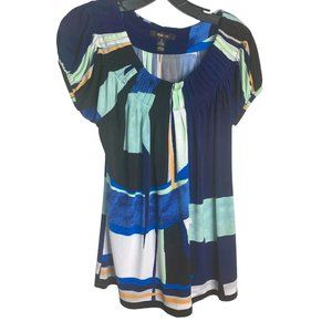 Style & Co. Womens Geometric Blue Knit Top with Pleated Neckline Size S Boho Y2K